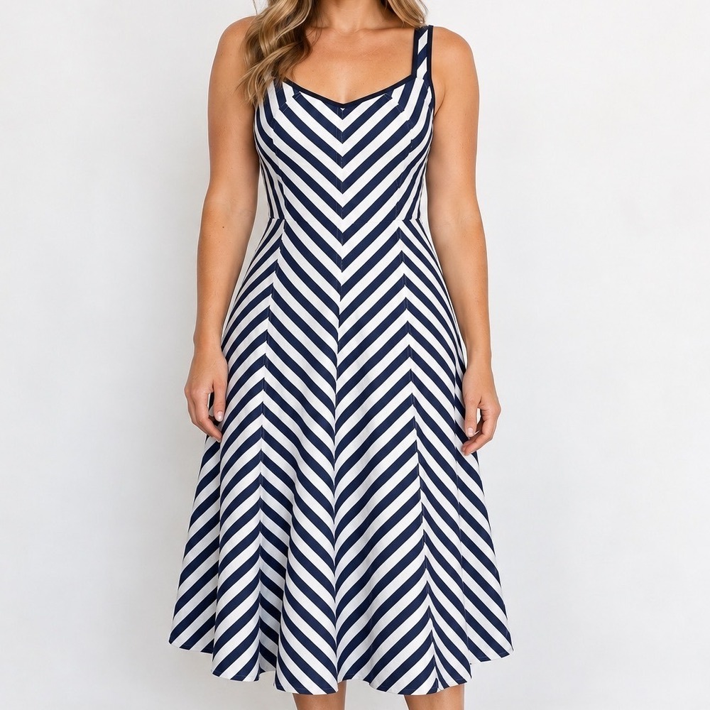 Talbots Midi Dress 12 Petite Navy White Striped 100% Cotton Fit Flare Coastal
